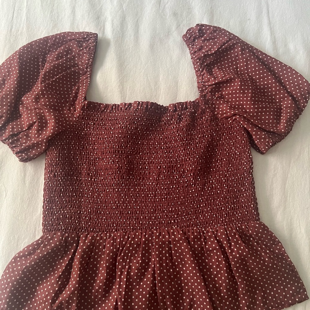 J. Crew Brown and Orange Puff Sleeve Smocked Peplum Blouse - Picture 4 of 4